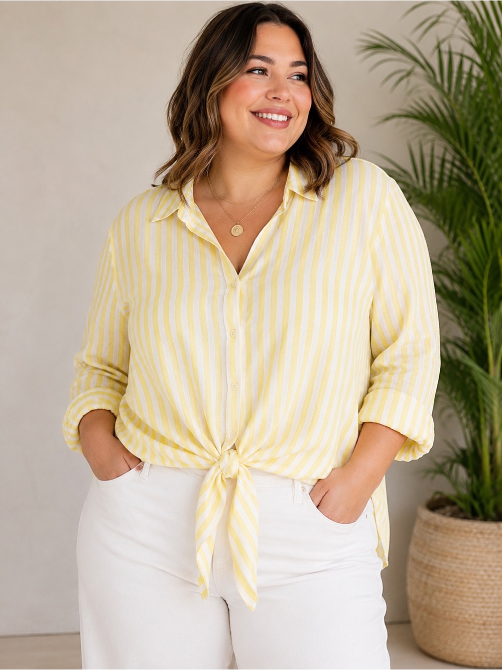 LOFT Linen Blend Yellow Stripe Tie Front Button Down Shirt XXL Beachy